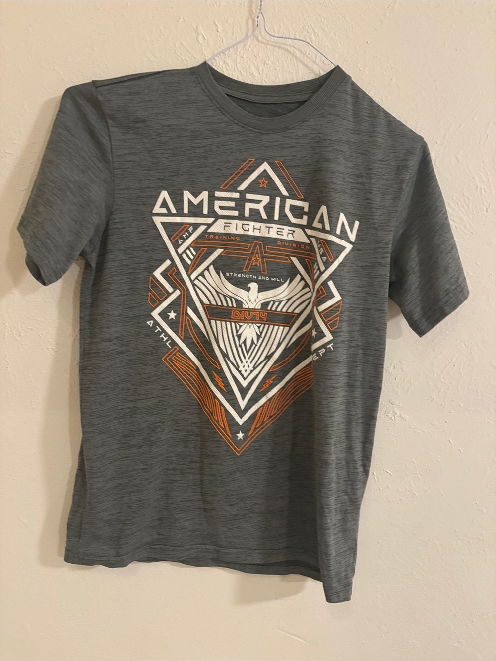 American Fighter Grey Tee with White & Orange Graphic